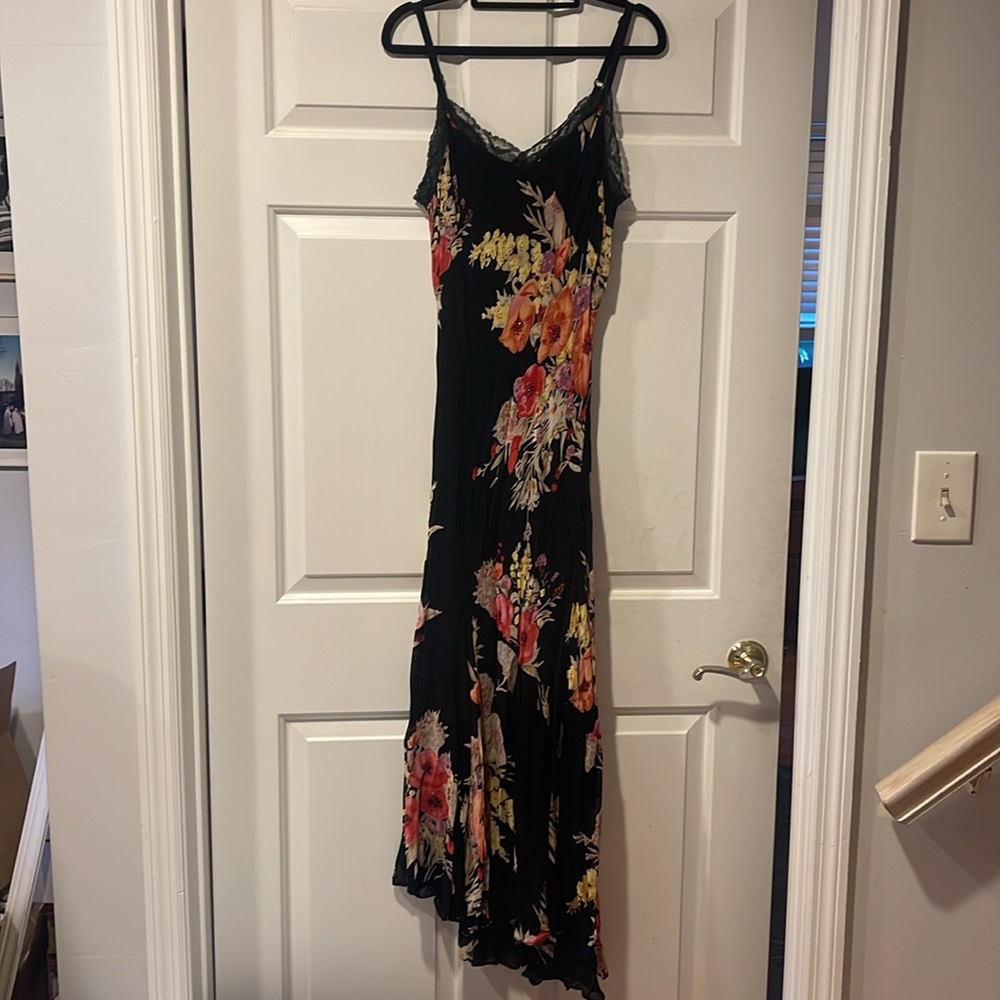 Lola P. Long black floral beaded lace trim dress size L